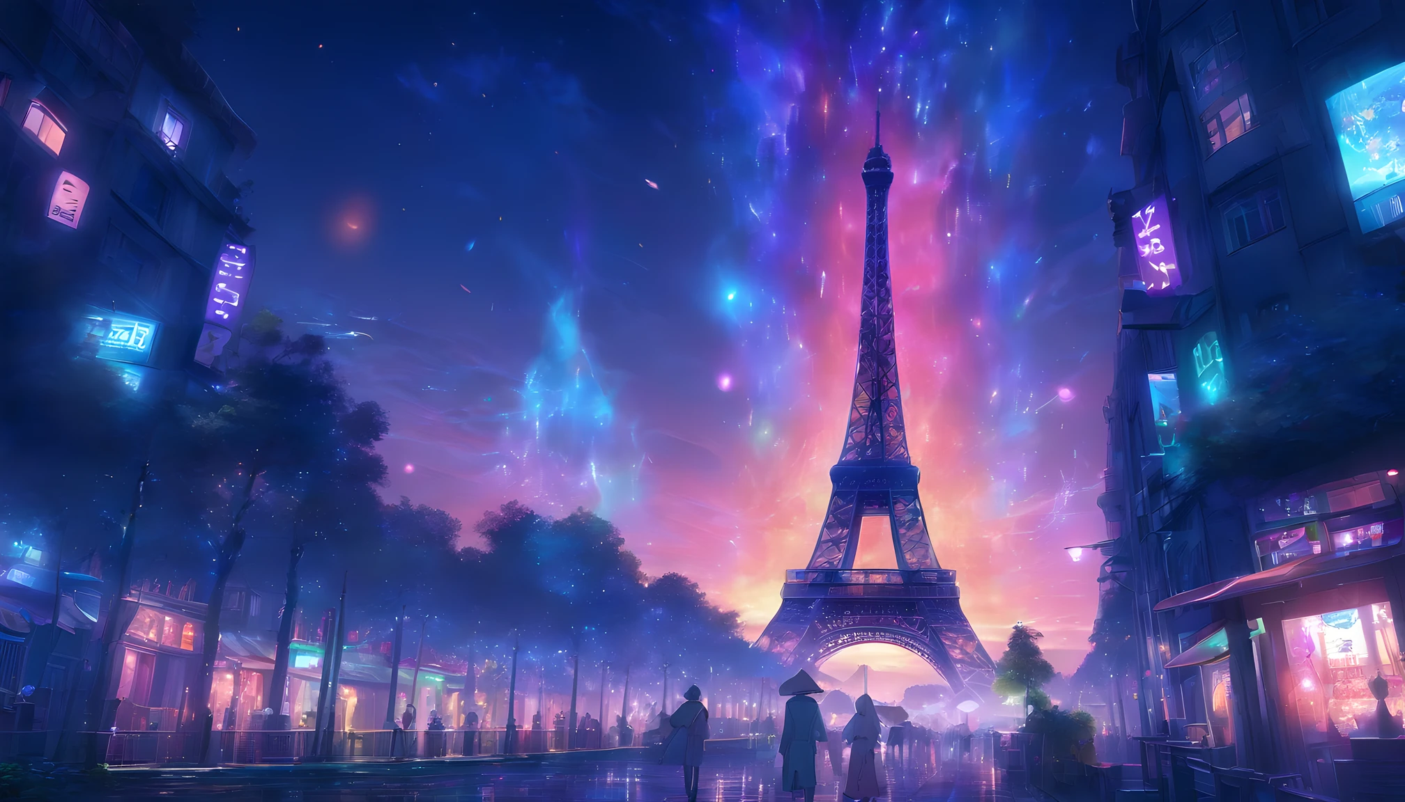 The Eiffel Tower、The Eiffel Tower overlooks the streets of Paris、Eiffel Tower renovated in 2077、The Eiffel Tower has a stronger presence than conventional objects、Eiffel Tower in the near future、Eiffel Tower at night、Eiffel Tower illuminated by neon lights、night cityscape、