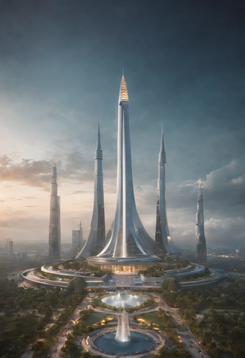 Create futuristic Indonesian monas ultra-artistic artwork, Imagine a floating city in the sky, The building structure is complex,Technologically advanced. Depict this futuristic city in rich detail, Capture bright lights, Suspended platforms and crisscrossing aircraft