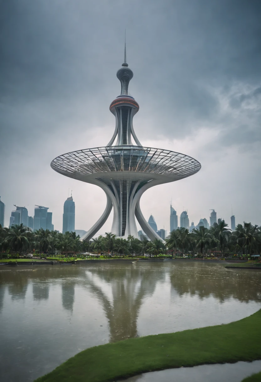Create futuristic Indonesian monas ultra-artistic artwork, Imagine a floating city in the sky, The building structure is complex,Technologically advanced. Depict this futuristic city in rich detail, Capture bright lights, Suspended platforms and crisscrossing aircraft