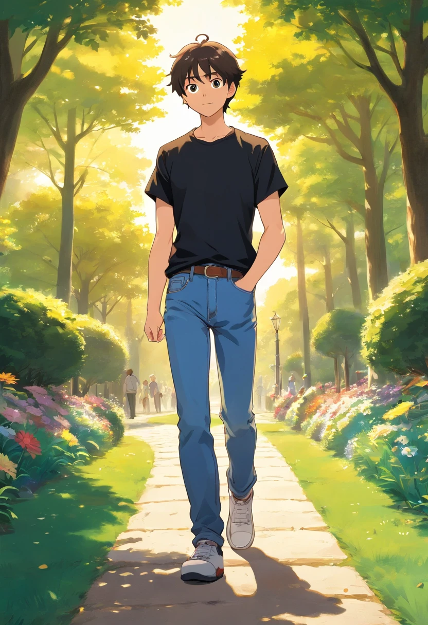 a young man with black t shirt and a jeans ,walking in the park , its sunny , knee level shot