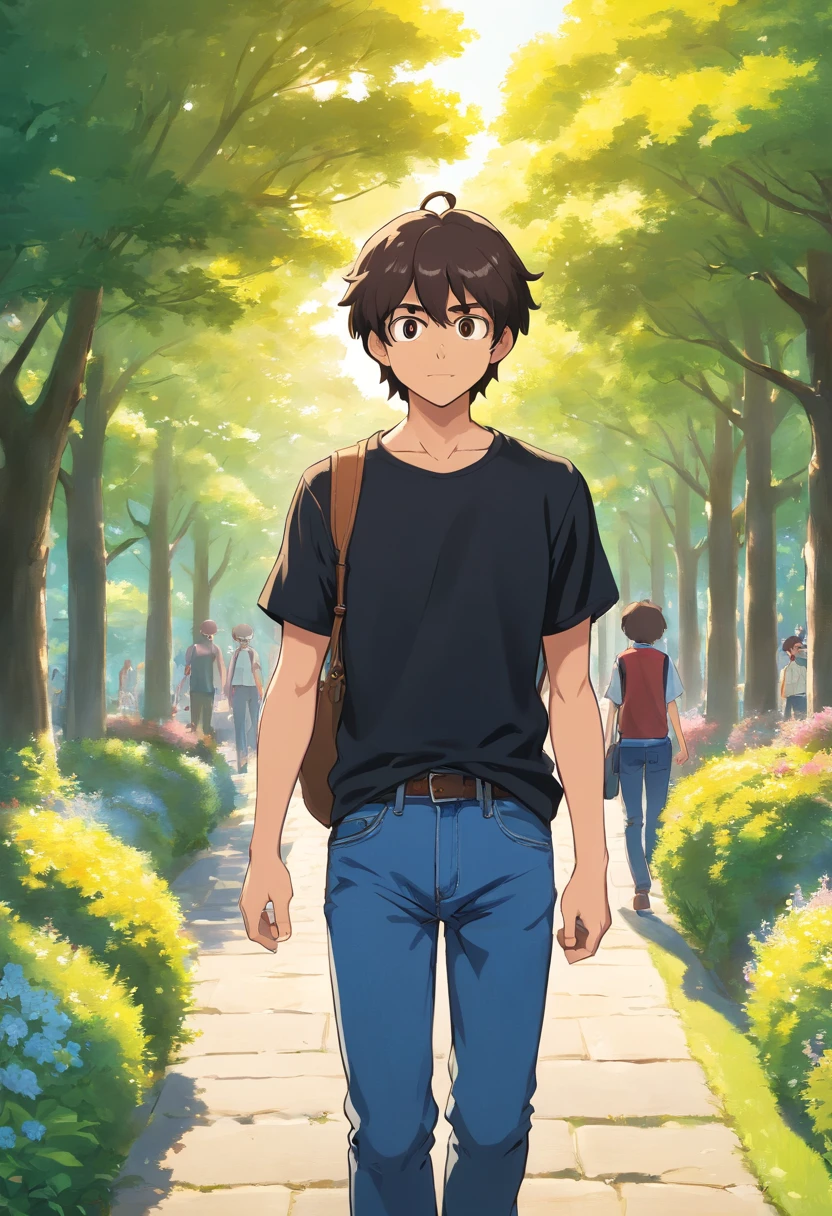 a young man with black t shirt and a jeans ,walking in the park , its sunny , knee level shot