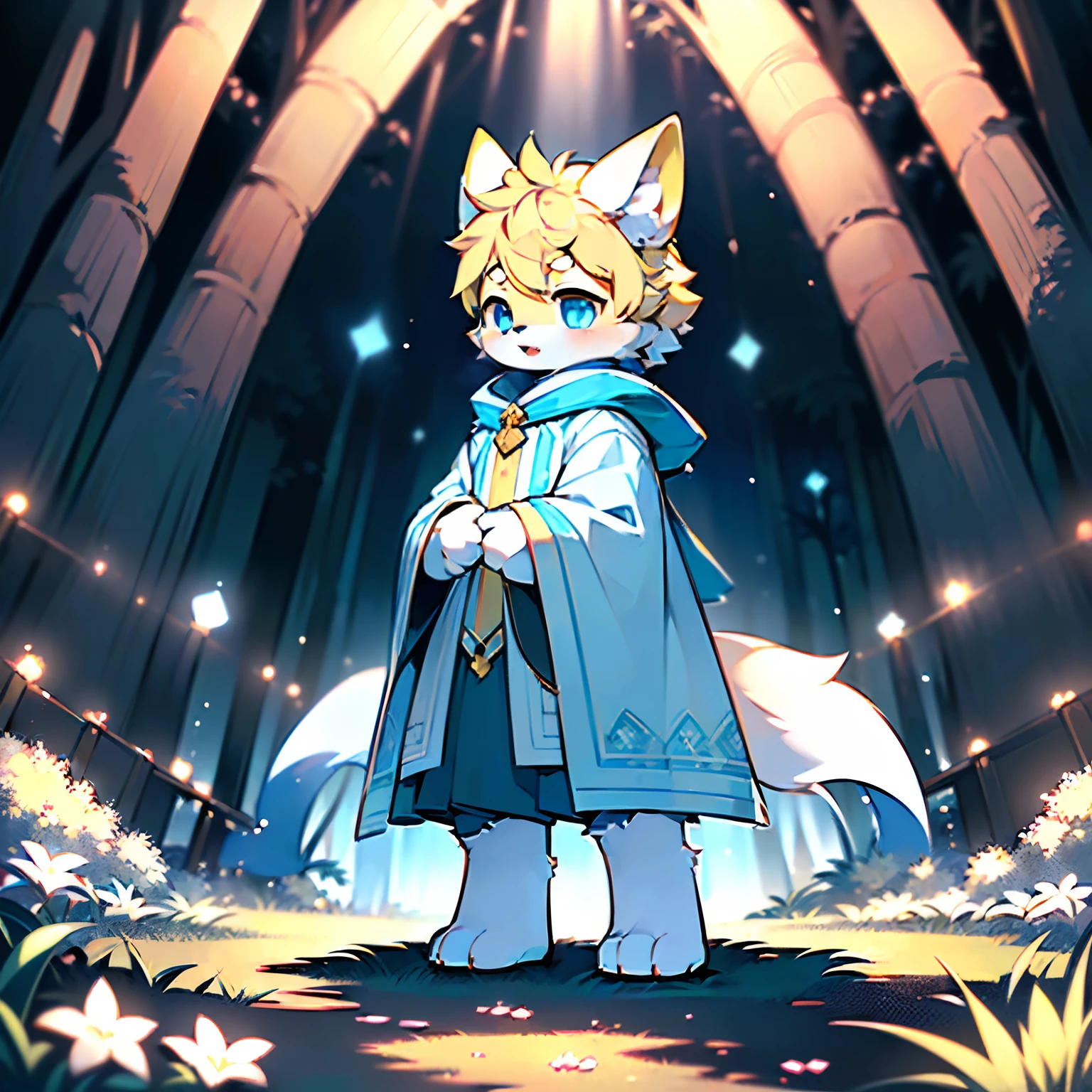 Anthropomorphic standing furry little wolf，adolable, Light：Extreme light and shadow,(anthr(Full Body Furry,Head bust close-up， Light yellow hair,Large pale yellow ears，Big blue eyes，The mouth is slightly larger，White fur，Reddish skin ，Sky blue eyes, Light yellow hair:1.2), (long canines、Thick blue cloak，White fur trims：1.2），（the night、lawns)) ，((Deep in the dark forest at night，glowworm，独奏，solo person))，((the detail))，（depth of fields)，（Sell moe），(standing on your feet))