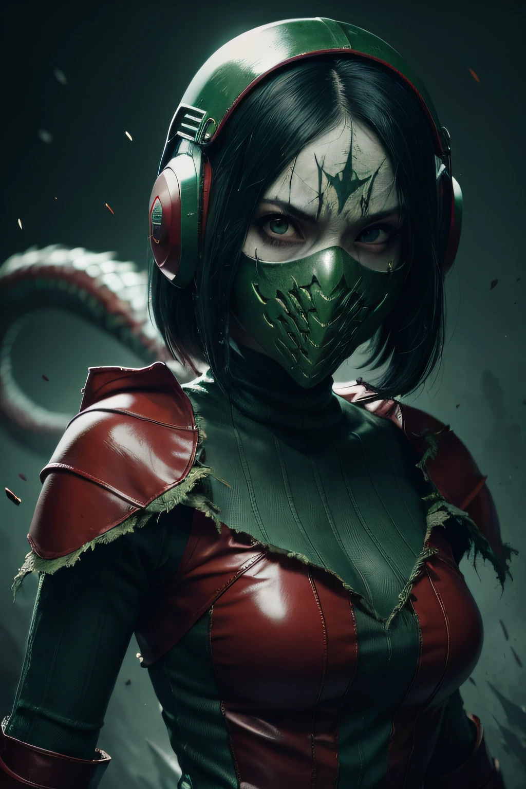 beautiful japanese young woman, extreme detailed, bodysuit, gloves, belt, thigh boots, (valorantViper:1.2), bodysuit, gloves, belt, thigh boots, respirator, looking at viewer, face, portrait, close-up, green, slender, (combat ready stance), (tactical outfit), (solo character), (gaming theme:1.5), short hair, green, (black hair), (milittary gear), (gas mask:0.4), (poisonous green:1.2), (glowing effects),