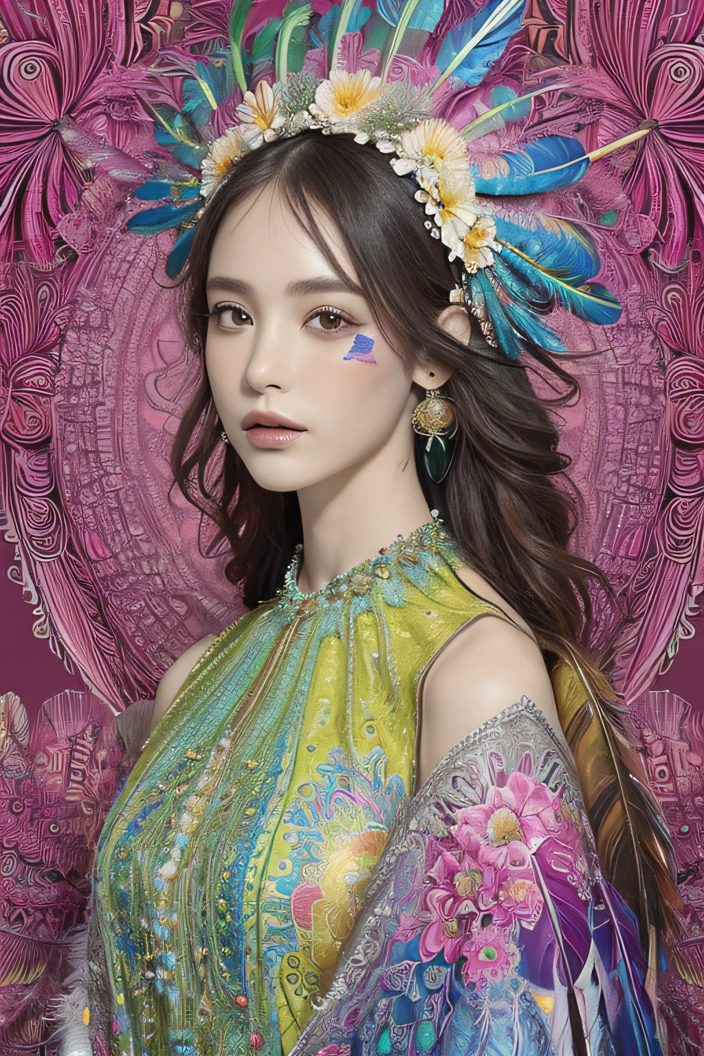 (masterpiece, top quality, best quality, official art, beautiful and aesthetic:1.2), (1girl:1.3), extremely detailed,(fractal art:1.1),(colorful:1.1)(flowers:1.3),highest detailed,(zentangle:1.2), full body, (abstract background:1.3), (shiny skin), (many colors:1.4), ,(earrings), (feathers:1.5),