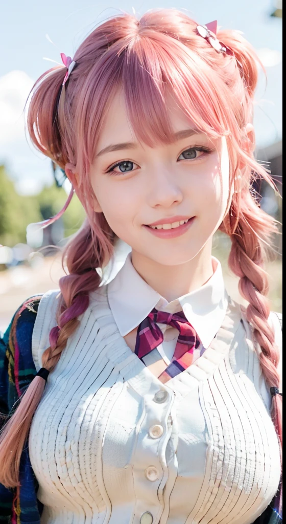 (ultra-detailliert), Tartan check jacket,high-school uniform、Blue eyes,The upper part of the body、a closeup、faces、(A smile:1.5),(facing front:1.2), 20yr old, teens girl,no tail,(no tail),2D, masterpiece, top-quality, animesque, A detailed eye, A detailed face, girl with, Only 1 person,Medium hair with pink hair, (Pink hair), Ear Hair, small tits, Single braid, (Single braid), (Side braid), Pink ribbon, Ribbon around the neck, Background bokeh