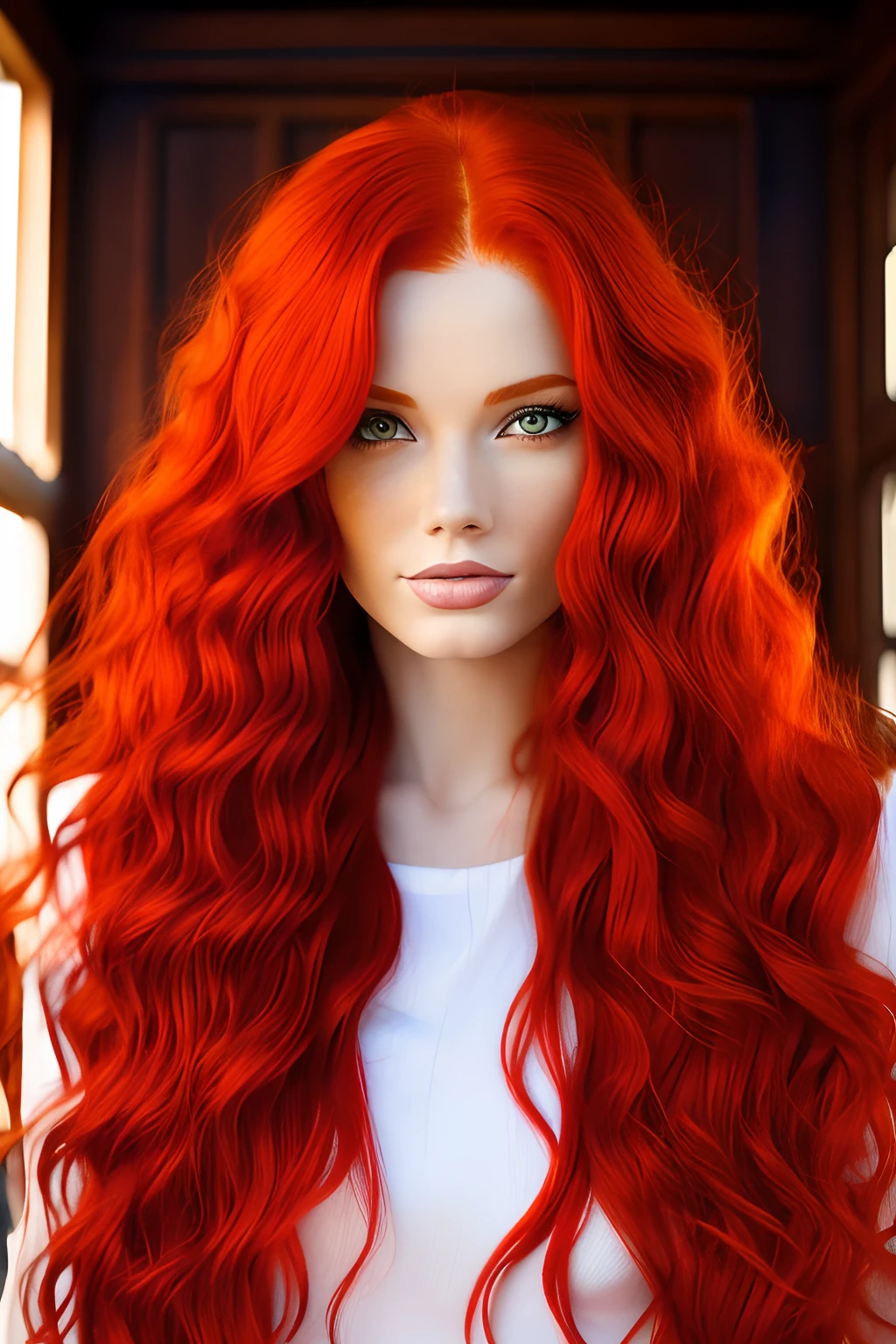 arafed woman with red hair and blue eyes posing for a picture, red hair and attractive features, woman with red hair, flowing red hair, fiery red hair, red haired young woman, long glowing red hair, redhead woman, red glowing hair, soft red hair, vibrant red hair, wavy vibrant red hair, beautiful redhead woman, glowing crimson head