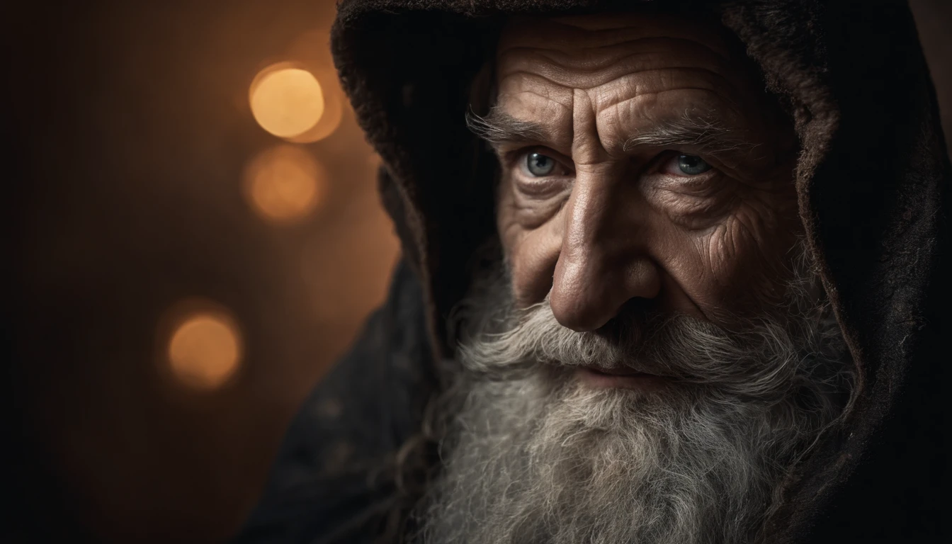 A portrait of a wizard, bearded, wrinkled, weathered, with piercing eyes, detailed face, high details, photography, dark studio, rim light, Nikon D850, 50mm, f/1.4