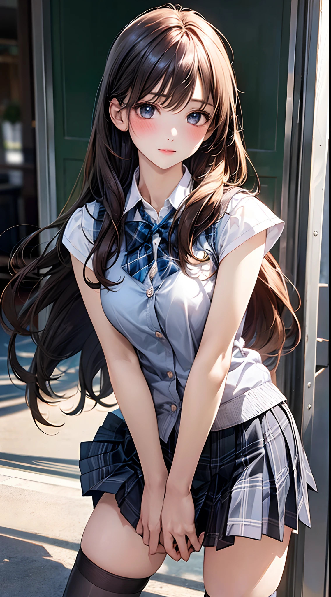 (masterpiece:1.2, top-quality), (realistic, photorealistic:1.4), beautiful illustration,
looking at viewer, full body, front view:0.6,
1 girl, japanese, high school girl, (long hair:1.5), blown hair, (half up, half updo), bangs, hair between eye, large breasts:0.8,
beautiful hair, beautiful face, beautiful detailed eyes, beautiful clavicle, beautiful body, beautiful chest, beautiful thigh, beautiful legs, beautiful fingers,
(beautiful scenery), , school,
((collared short sleeve shirt, white shirt, school uniform, sleeveless cardigan, grey plaid pleated skirt, blue plaid bow tie)), white panties,
(standing, , grab the hem of the skirt, lift up skirt, hands on chest, hand between legs),
blush, ,
