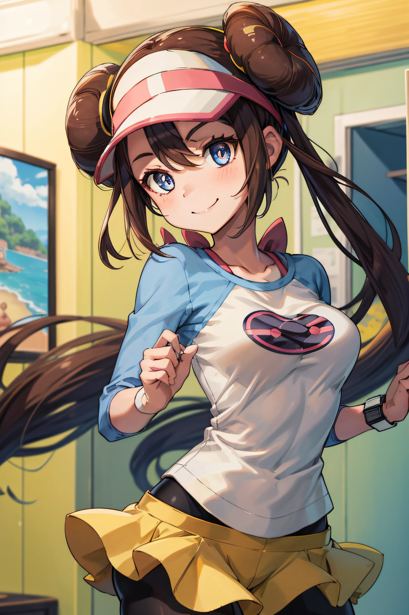 masutepiece,Best Quality,1girl in,RO1,Hair bun,Blue eyes,Twin-tailed,Visor Cap,pantyhose,raglan sleeves,Yellow shorts,Shirt,pink bows,wrist watch,Smile,tussock,Holding a Poké Ball,