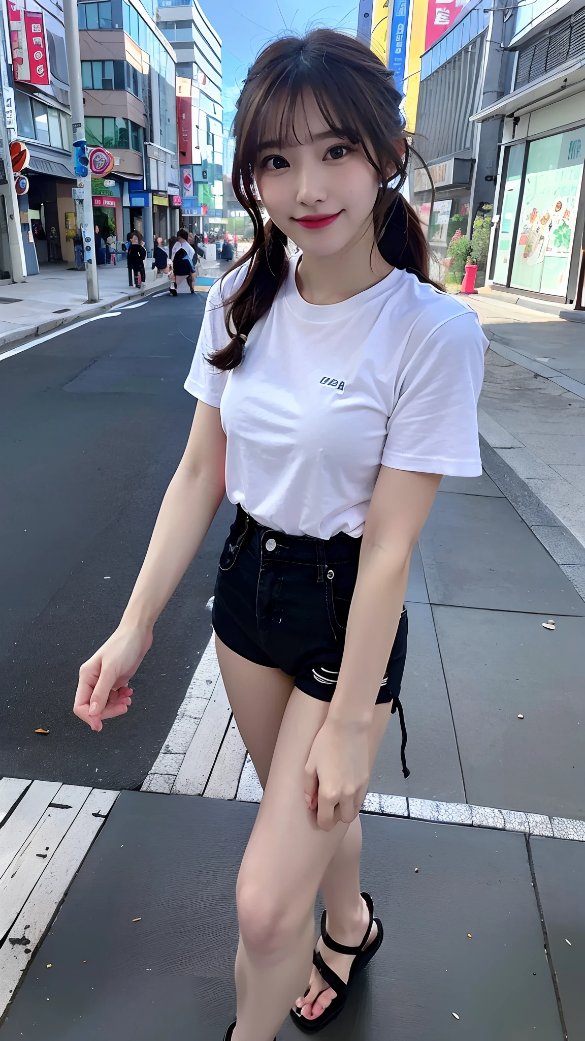 Very cute face、smile、12 years old、girl、Fluffy long hair、Beautiful legs、Beautiful body、Thin legs、White skin、Black T-shirt、Black mini skirt、White panties、