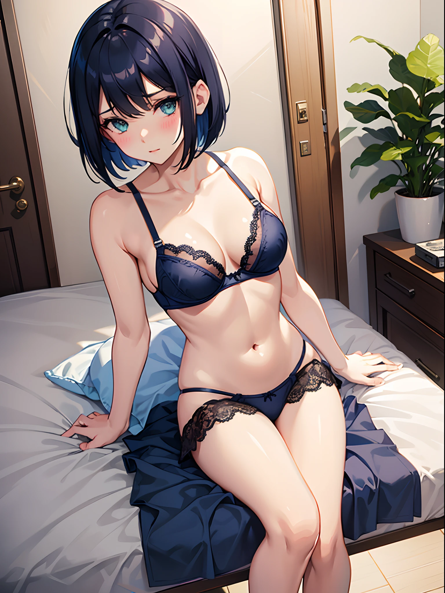 1girl in,Navy blue bob hair,Navy green eyes,Cute,blush,girlfriend,medium breasts⁩, Underwear is visible, Roomwear