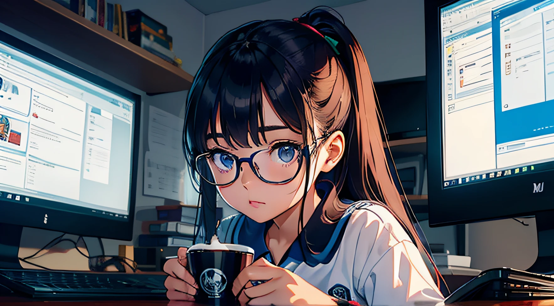 no quarto, Menina de perfil, de uniforme escolar, sentada em uma cadeira gamer。With eye Glasses, de frente do computador, estudando, chovendo, cup of coffee, 8k,