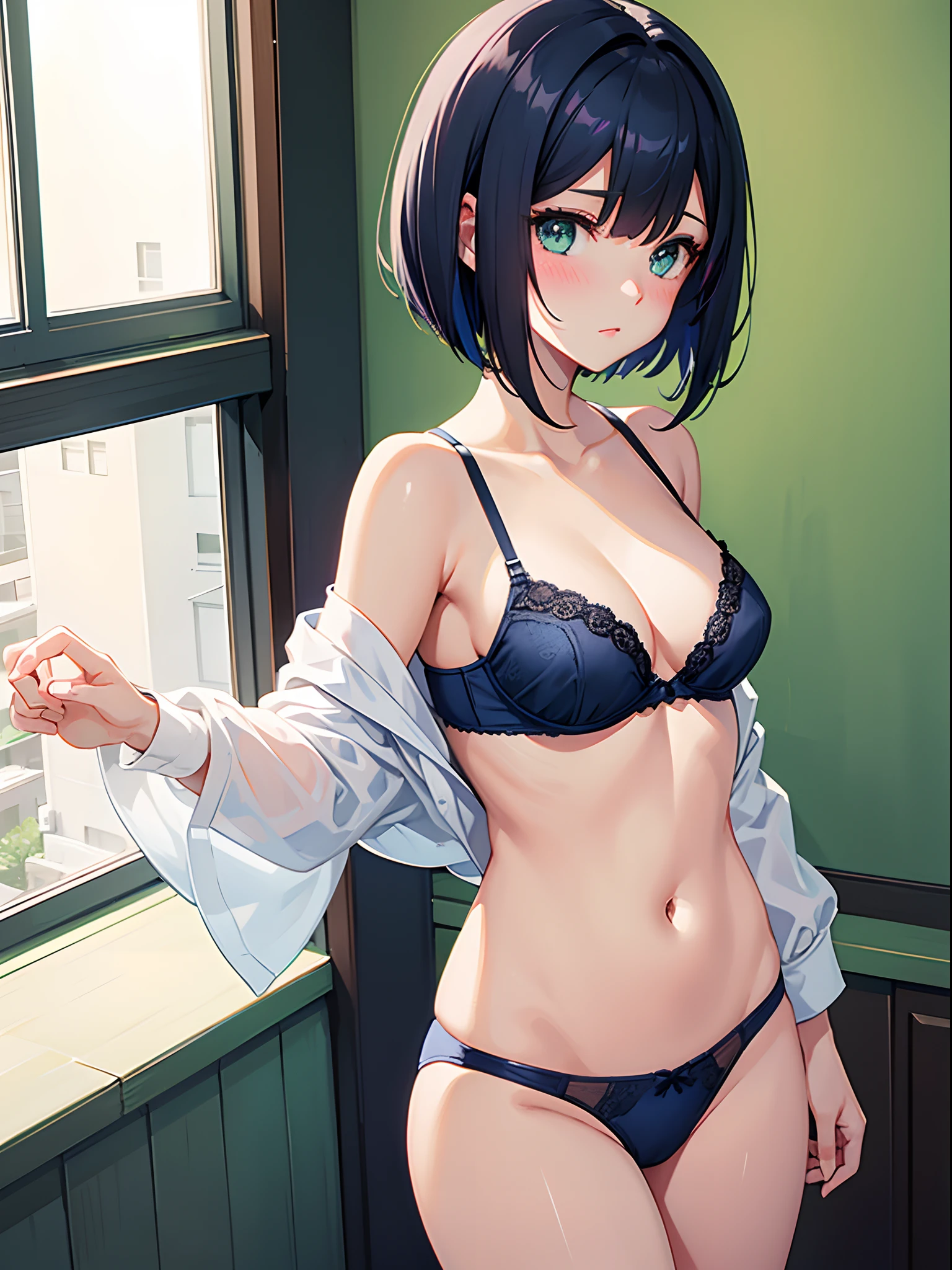 1girl in,Navy blue bob hair,Navy green eyes,Cute,blush,girlfriend,medium breasts, Underwear is visible, Roomwear