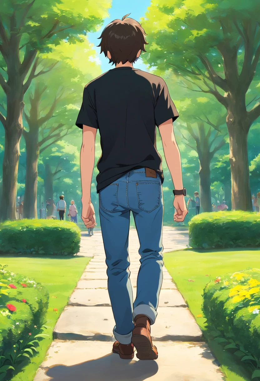 a young man with black t shirt and a jeans ,walking in the park , its sunny , knee level shot , back view , zoom in on his legs and foots