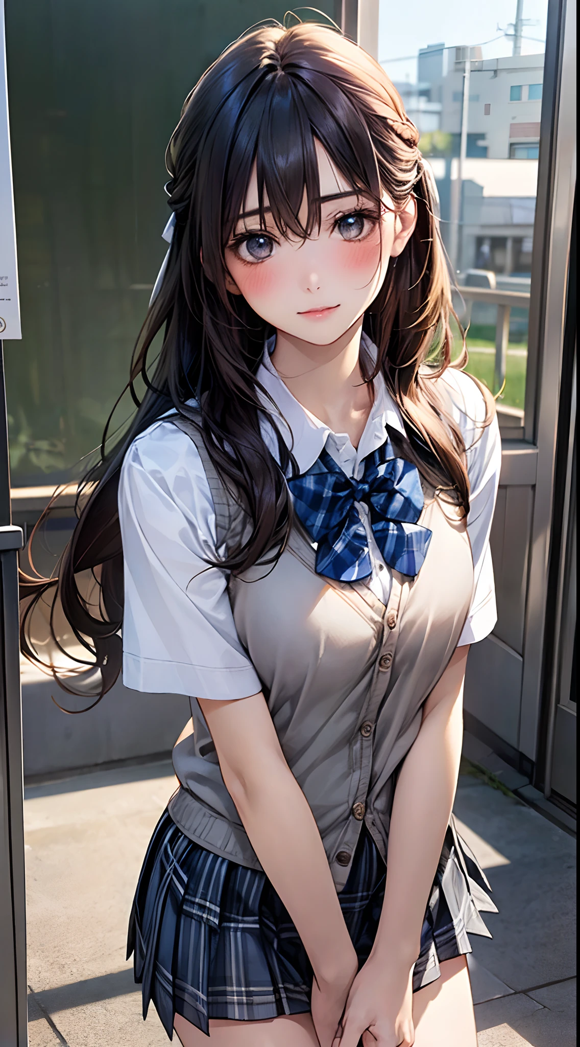 (masterpiece:1.2, top-quality), (realistic, photorealistic:1.4), beautiful illustration, 
looking at viewer, full body, front view:0.6, 
1 girl, japanese, high school girl, (long hair:1.5), blown hair, (half up, half updo), bangs, hair between eye, large breasts:0.8, 
beautiful hair, beautiful face, beautiful detailed eyes, beautiful clavicle, beautiful body, beautiful chest, beautiful thigh, beautiful legs, beautiful fingers, 
(beautiful scenery), , school,
((collared short sleeve shirt, white shirt, school uniform, sleeveless cardigan, grey plaid pleated skirt, blue plaid bow tie)), white panties, 
(standing, , grab the hem of the skirt, lift up skirt, hands on chest, hand between legs), 
blush, ,