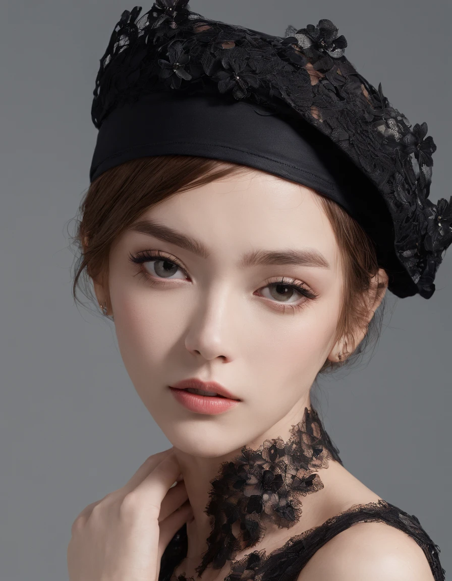 Pretty and very elegant girl wearing a talk cap decorated with big black lace flowers. Her entire face is covered with lace. She wears a loose-fitting black lace cocktail dress that hangs over her shoulders. Her skin is very shiny.
Her arms are folded、The fingertips of one hand touch her chin. The background is beautiful black. The room is dimly lit.、She is gently illuminated.
Very shallow depth of field、the background is blurred.