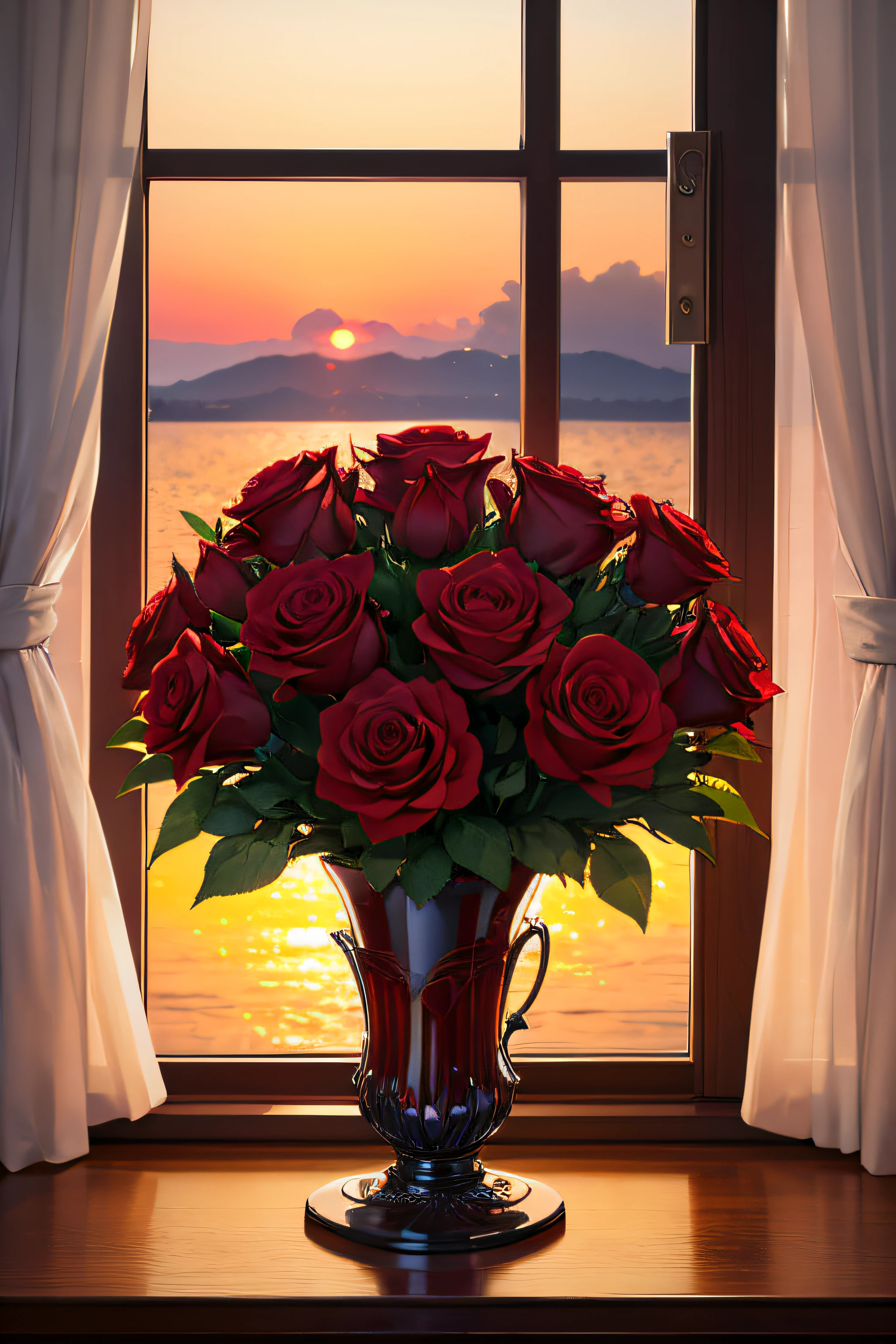 Bouquet of scarlet roses in a crystal vase on the window against the background of sunset photo