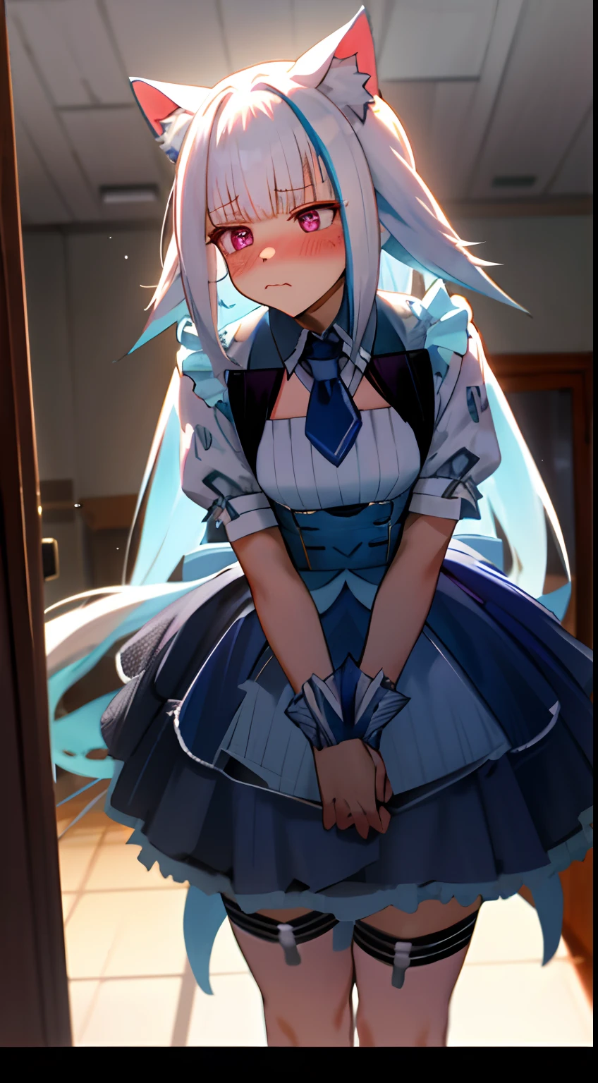 One girl with long hair, white hair, looking away, embarrassed, blushing, mouth small open, indoor, maid, cat ear, cat tail, maid costume, thigh, necktie, ear blush, mature female, close up, hands in waist
