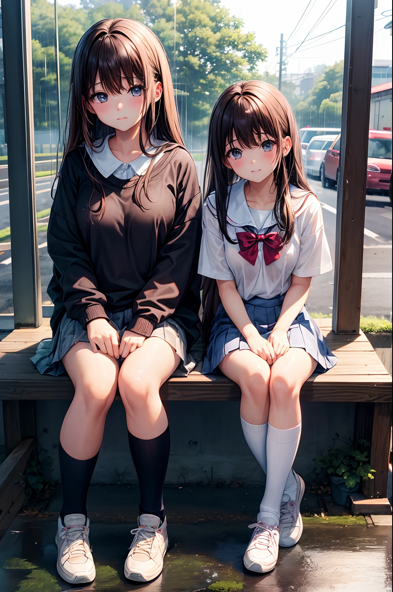hi-school girl、、shortsleeves、rainy day、Clothes are see-through in the rain、Physical education sitting、I'm angry、Very cute、Long、Brown hair、gals、Bus stop in the countryside、Put out the velo