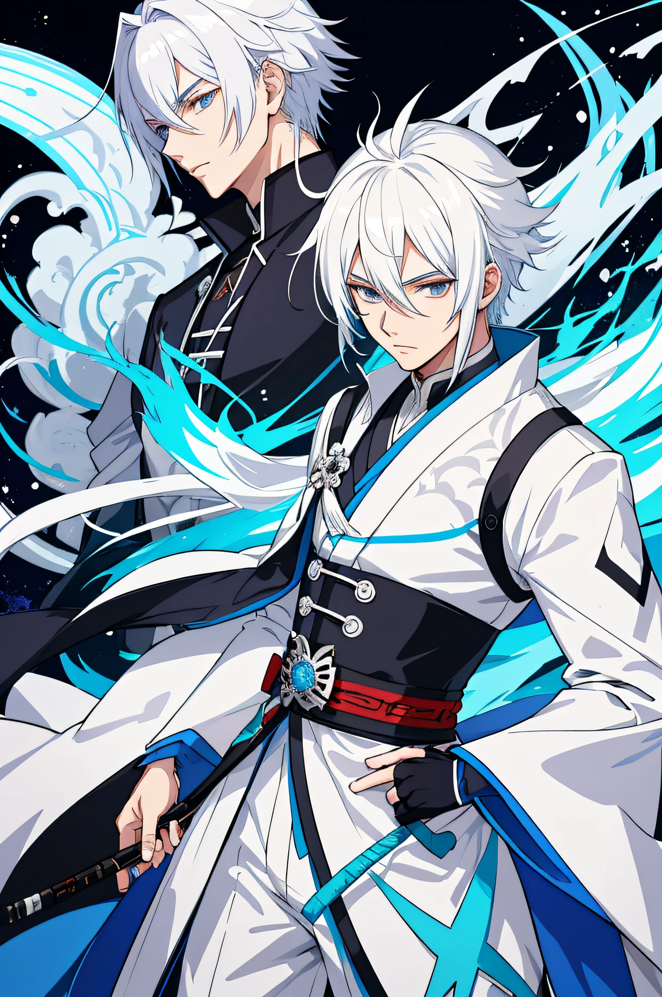 Anime - style image of a man with white hair and white and blue outfit, Keqing von Genshin Impact, Handsome guy in demon slayer art, Taisho Roman, handsome androgynous prince, Zhongli von Genshin Impact, white haired deity, rotes Haarband, anime gutaussehender mann, zarter androgyner Prinz, Masamune Shiro, heise jinyao, Offizielle Kunst, Schnee Hintergrund