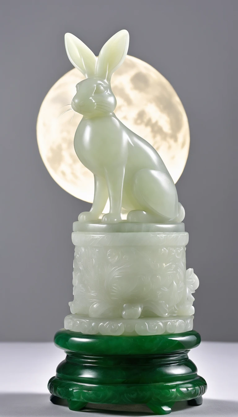 white marble hare,jade base,full moon,jade rabbit made up of Hotan Jade,crystal clear jade carving,(white background,blank background,moonlight:1.45),