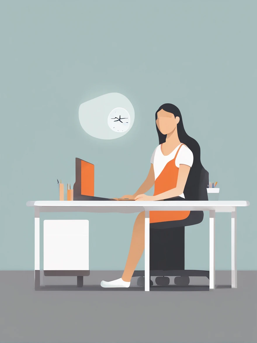 Create a flat illustration of a woman working on a computer. Focus on simplicity and minimalism in your shading and coloring. Use bold, solid colors without gradients to achieve a clean and flat look. Highlight the key elements of her workspace, like the computer, desk, and any relevant office supplies. Remember to keep the composition uncluttered and the lines crisp to maintain the flat art style