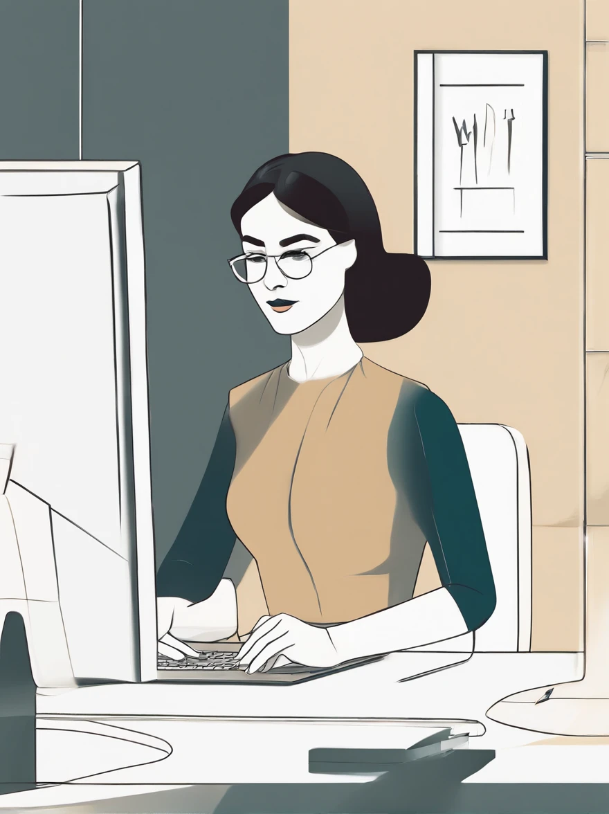 Create a flat illustration of a woman working on a computer. Focus on simplicity and minimalism in your shading and coloring. Use bold, solid colors without gradients to achieve a clean and flat look. Highlight the key elements of her workspace, like the computer, desk, and any relevant office supplies. Remember to keep the composition uncluttered and the lines crisp to maintain the flat art style