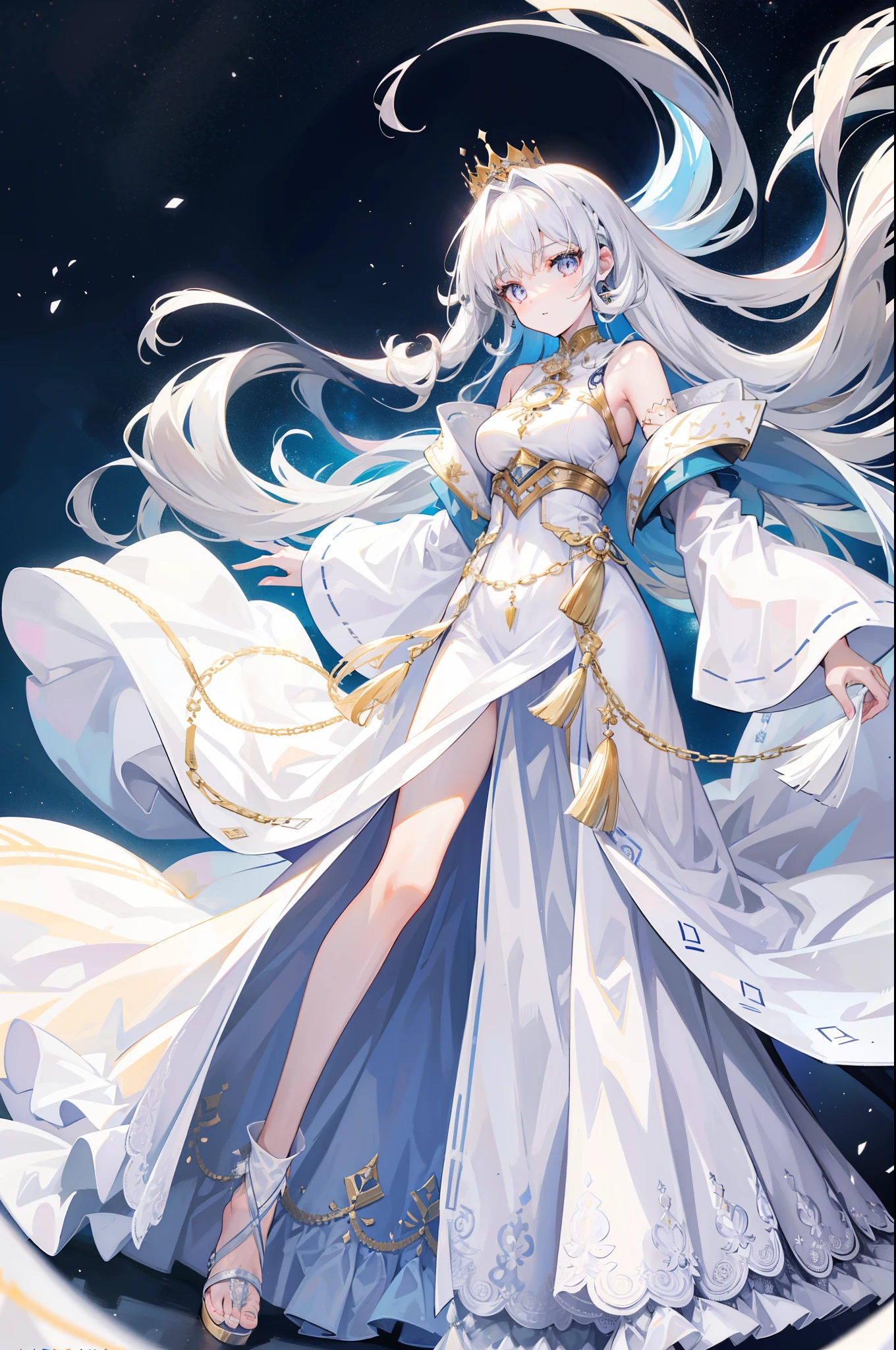 1girll, Height 164 cm, Tall girl, Charismatic, 18 years old, NavyHair, Very long hair, pretty, White silver eyes, Glowing eyes, White ladies maxi dress, Long clothes, long skirt ,Diamond Age, standing, Light-colored crown