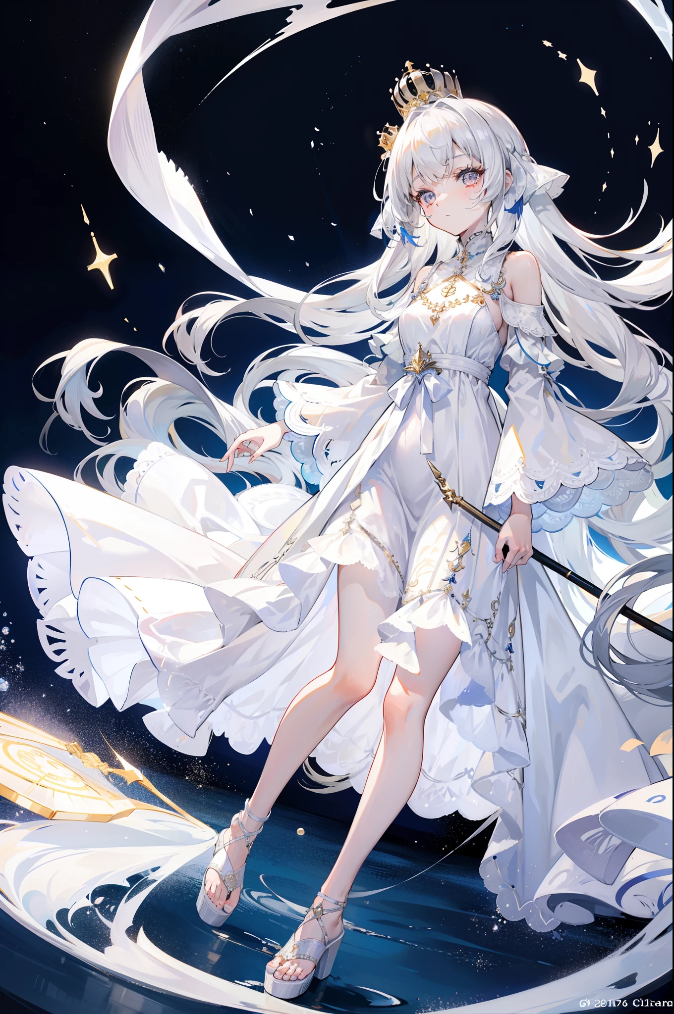 masterpiece, (Highest quality: 1.2), (Super Fine: 1.2), figure, (Very delicate and beautiful: 1.2), Film Angle, floating, (Beautiful detailing: 1.1), (Detail Light: 1.1), Film Light, Delicate Sky, woman, Gray Hair, blue eyes, (High Ponytail: 1.1), Cape, Glowing Eyes, (moon: 1.2), (moonlight: 1.1), Starry Sky, (Particles of light: 1.1), fog , Snow Painting, sketch, flowering
