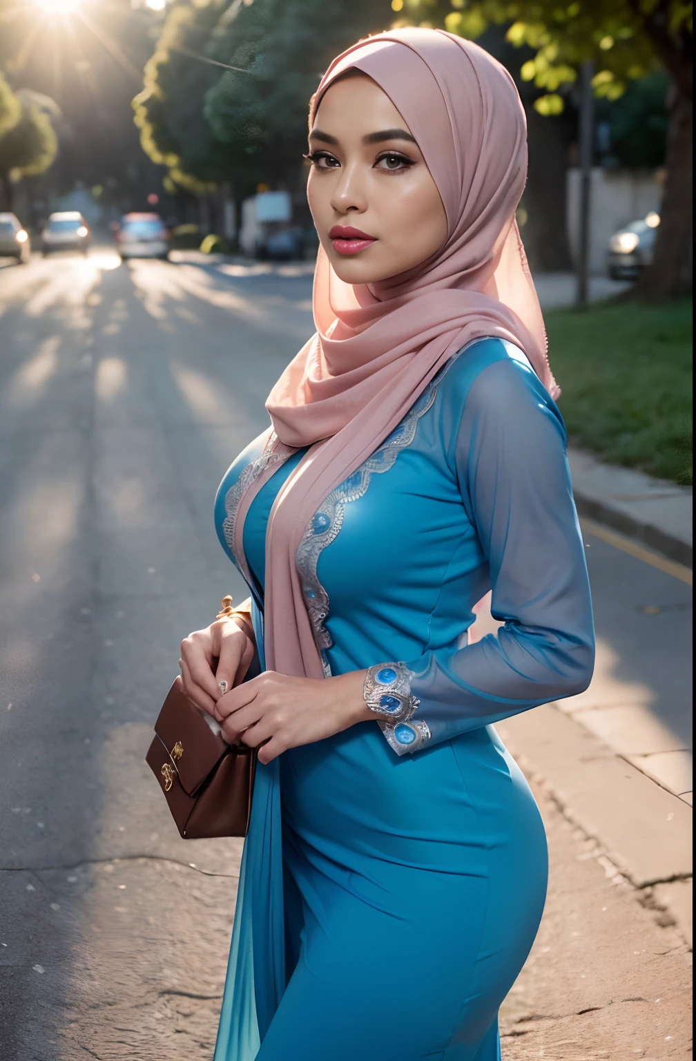 RAW, Best quality, high resolution, masterpiece: 1.3), beautiful Malay woman in hijab,(long blue sheer midi dress),big breasts, (masterpiece, perfect slim body,(absurdres:1.3), walking, holding luxury handbag, (detail skin:1.3, facial details:1.3), from above, looking at the viewer, sharp focus, smooth, (Malay beauty:1.3), (mature woman: 1.2), (large breasts:1.4, thick thighs:1.2, narrow:1.1) , light smile, (big_eyes:1.2, brown_eyes), red_eyeshadow, pink lips,looking at the viewer, street, (bokeh ),(sunlight on face:1.5), open_blazer,