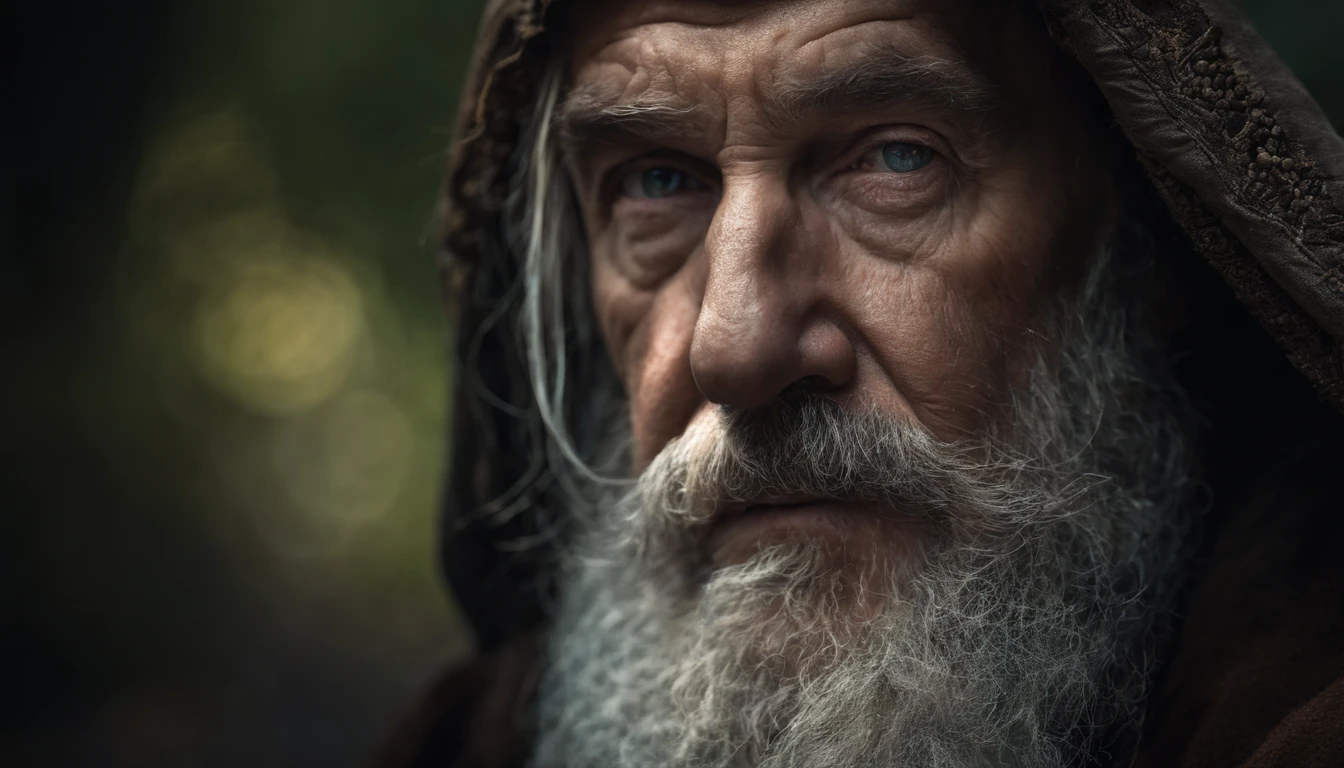 A portrait of a wizard, bearded, wrinkled, weathered, with piercing eyes, detailed face, high details, photography, dark studio, rim light, Nikon D850, 50mm, f/1.4