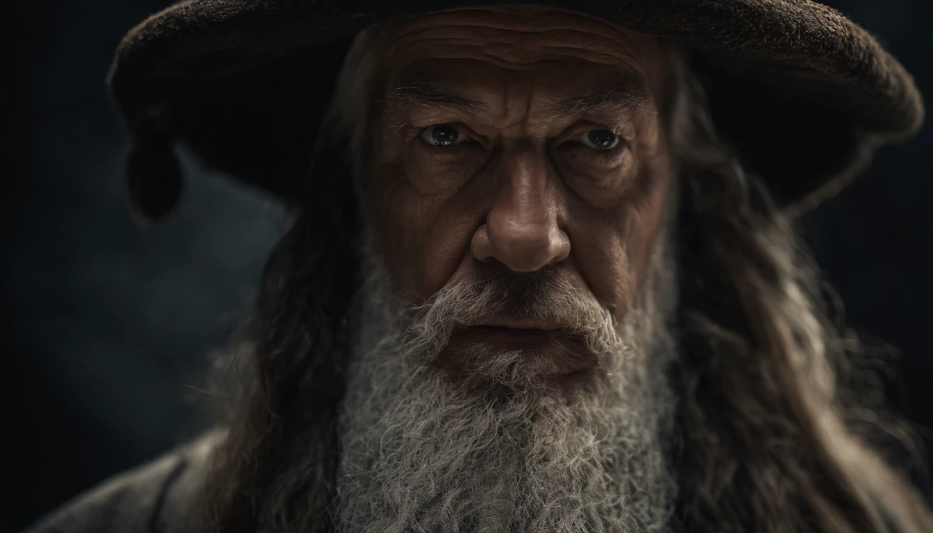 A portrait of a wizard, bearded, wrinkled, weathered, with piercing eyes, detailed face, high details, photography, dark studio, rim light, Nikon D850, 50mm, f/1.4
