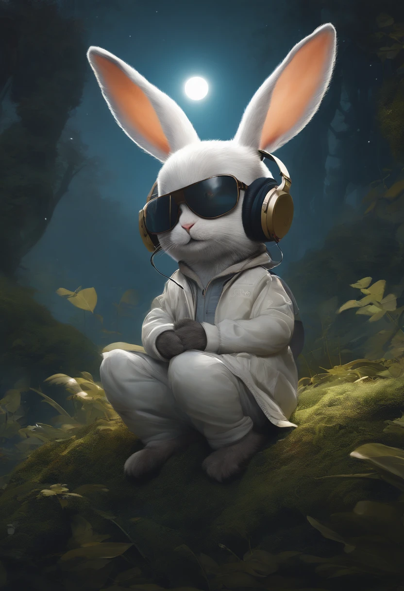 Perfect centering, Cute little rabbits everywhere, Wear a student jacket, Wearing sunglasses, Wearing headphones, Standing position, Abstract beauty, Centered, Looking at the camera, Facing the camera, Approaching perfection, Dynamic, Moonlight, Highly detailed, Digital Painting, art  stations, concept-art, Smooth, Sharp Focus, 8K, hight resolution, Illustration, art by carne griffiths and wadim kashin, White background