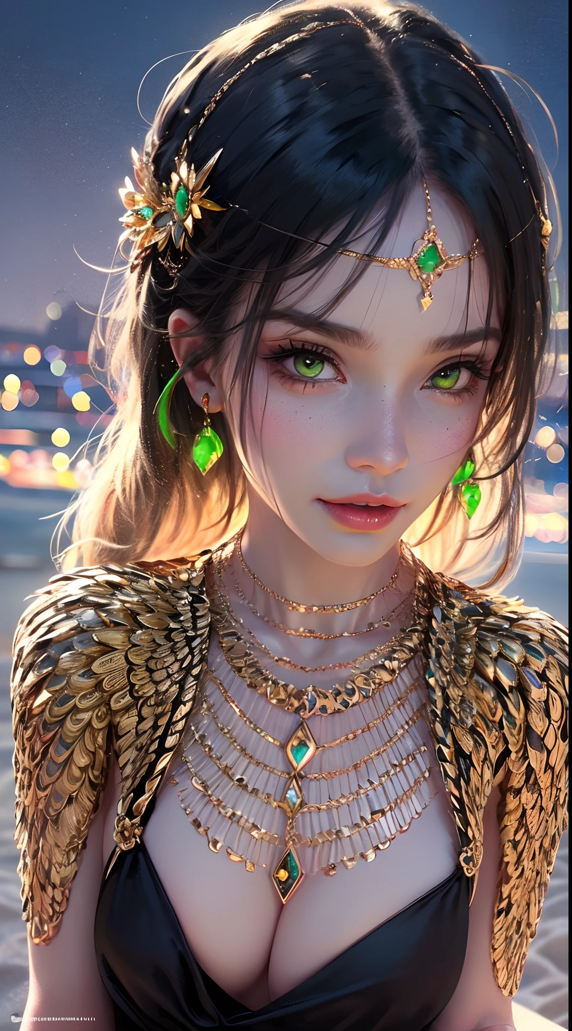 1 beautiful young princess, ((beautiful princess no longer a :1.8)), ((wearing a black armored dress with gold trim in ancient hanfu style:1.6)), (((Exquisite patterns on the skirt:1.6))), ((braided hair with long black bangs: 1.6)), ((long bangs:1.6)), ((hair jewelry:1.9)), ((upper body gold jewelry:1.9)), ((Very delicate gold necklaces:1.7)), ((earrings with emeralds:0.8)), noble, noble style of an extremely beautiful girl, super cute little face, very pretty face, fur thin eyebrows, flawless beautiful face, ((black eye pupils: 0.8)), very beautiful eyes, ((green eyes eyes: 1.6)), beautiful makeup and detailed hairdo, eyelashes, eye makeup wet, high nose, earrings, red lips, ((closed mouth: 1;5 )) beautiful lips, slim hands, ((arms spread out to the sides: 1.7)), rosy face, clean face, flawless beautiful face, smooth white skin, firm breasts, nice cleavage, ((super big and round breasts: 1.6)), beautiful breasts, perfect body, ((Sit back and puff out your chest, arms behind you:1.6)), 8k photos, super high quality, super realistic, super 10x pixels, optical, bright studio, bright edges, two-tone lighting, (high detail skin:1.2), super 8k, soft lighting , high quality, volumetric light, optical, optical high resolution, light, best photo, 4k, 8k quality, blur effect, smooth sharpness, 10 x pixels, ((beach at night background:1.5)), aurora, lightning, super realistic graphics, most realistic graphics, alone, solo, Extremely sharp, surreal images, (((frontal portrait: 1.3)))."