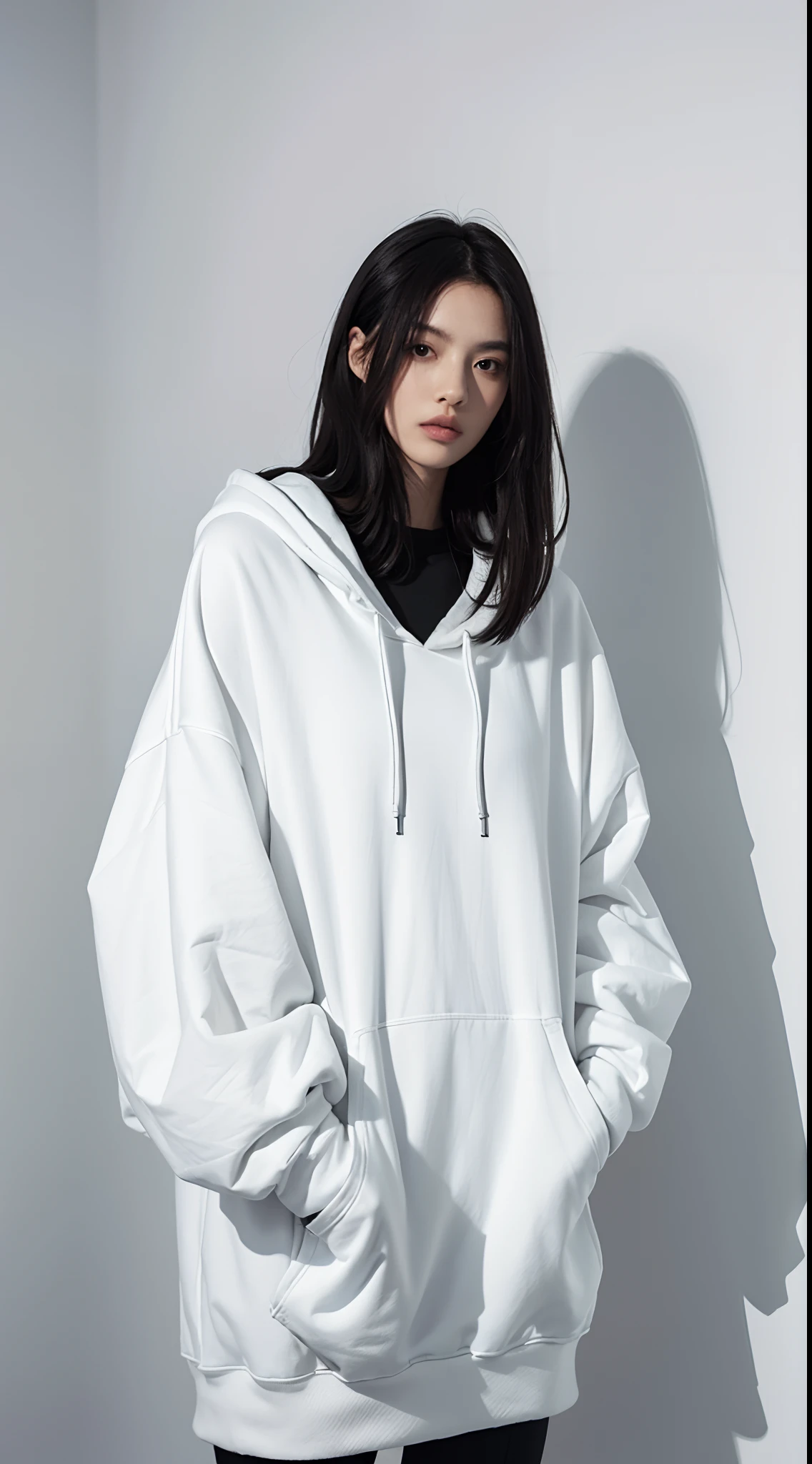 Standing woman wearing a black Balenciaga hoodie, fashion model, oversized hoodie, stunning style, white background, model studio