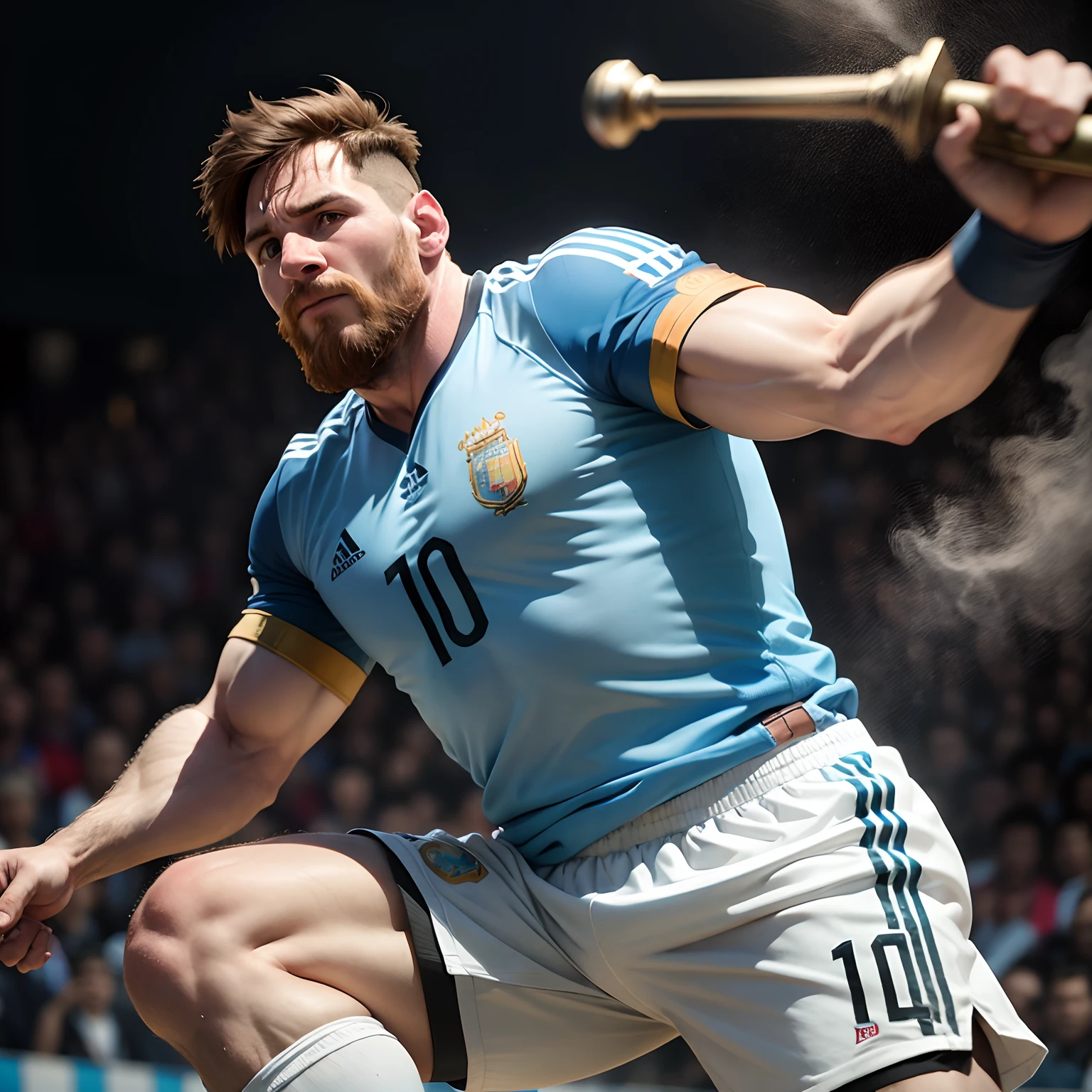 Messi as a anciant strong man with argentina jersy