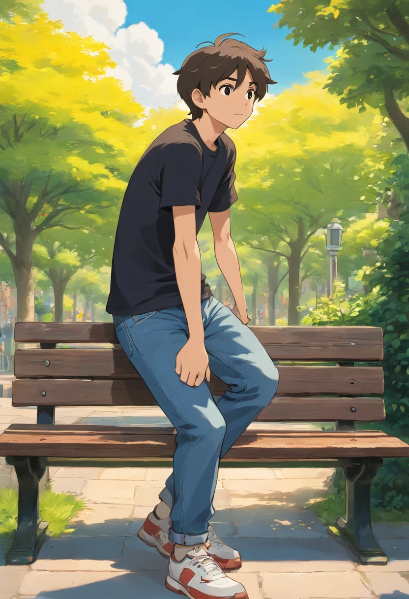 a young man with black t shirt and a jeans ,that was sitting on the side of a park bench , and now is he standing up , its sunny , high angel camera shot , zoom in , close shot