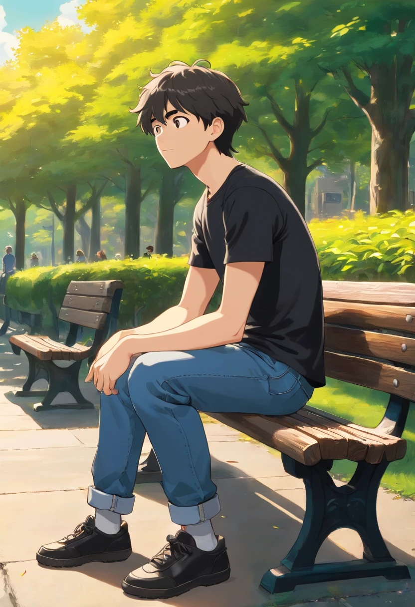 a young man with black t shirt and a jeans ,that was sitting on the side of a park bench , and now is he standing up , its sunny , high angel camera shot , zoom in , close shot