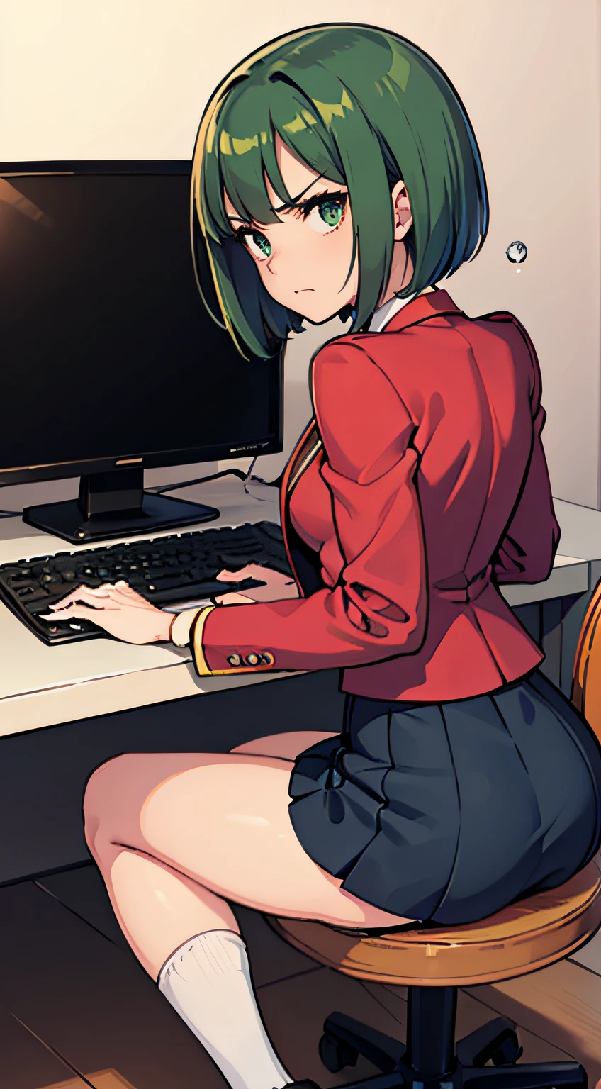 ((Masterpiece, top quality)),(solo), looking back, angry, uniform, long white shirt, blue tie, red blazer, red vest, beige skirt, skirt is knee length, blue high socks, loafer shoes, girl, small breasts , slim thighs, soft skin Beautiful large dark green eyes (high-detail eyes), short silky bob that falls straight down to shoulder length, short hair towards back of head, dark green hair, office, sitting, typing on computer keyboard, expressing dissatisfaction, floating droplets, lens flare, fine features,... Perfect Anatomy, Centered, Perfect Distance, Highly Detailed, Complex, Accurate, Highly Detailed Rich Colors, Smooth, Rich Colors, Accurate, Clean, Rich Colors, Elaborate Detail, Golden Ratio Illustration