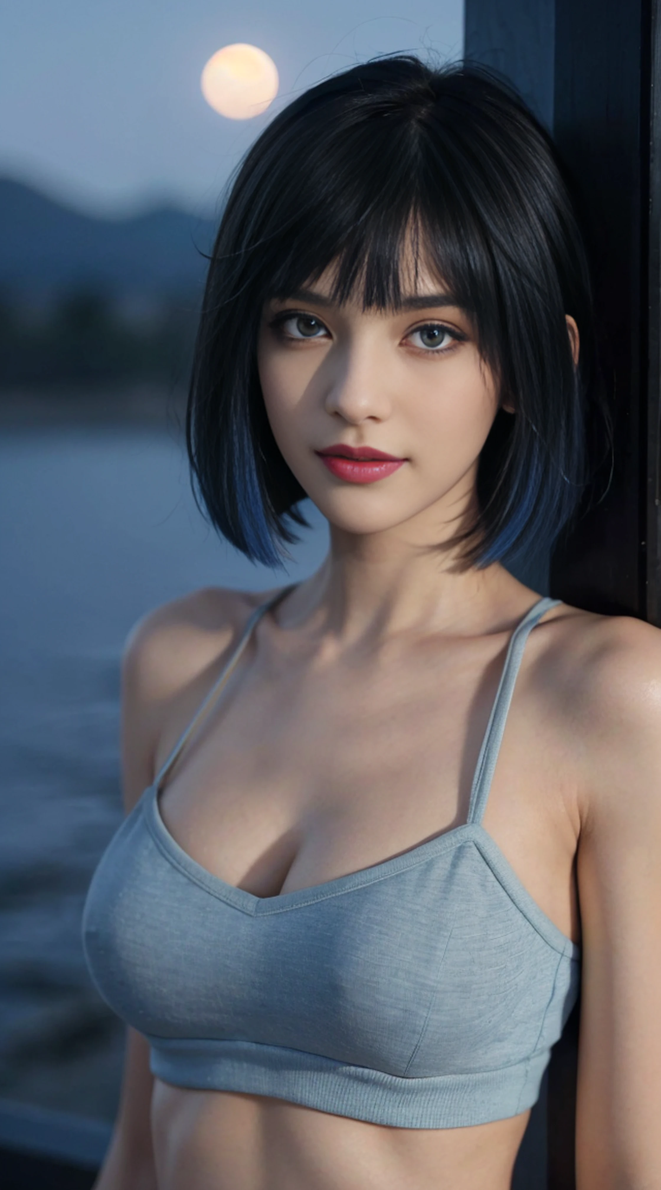 8K, Top Quality, Intricate Details, Ultra Detail, Ultra High Resolution, Masterpiece, random angle, Slender, Smile, (Makeup: 0.4), (Fluffy Blue Eyes: 1.21), blue Eyes, looking at viewer, ((full body)), 1girl, solo, 1 girl, (( full body)), close up shot, , ((tall)), (((fit body))), (((slim face))), sharp face, sharp eyes, (((blue hair, short hair, bangs )) , (detailed face), sharp face, small lips,
(( )), ((,naked)), detailed face, detailed breast, , large breast, detail ass, , Beautiful girl with accentuated slender abs: 1.4, Six Pack Abs: 1.4, Bust Botox, Big, Perfect Body, detail leg, (( moonlight)),in the forest, onsen