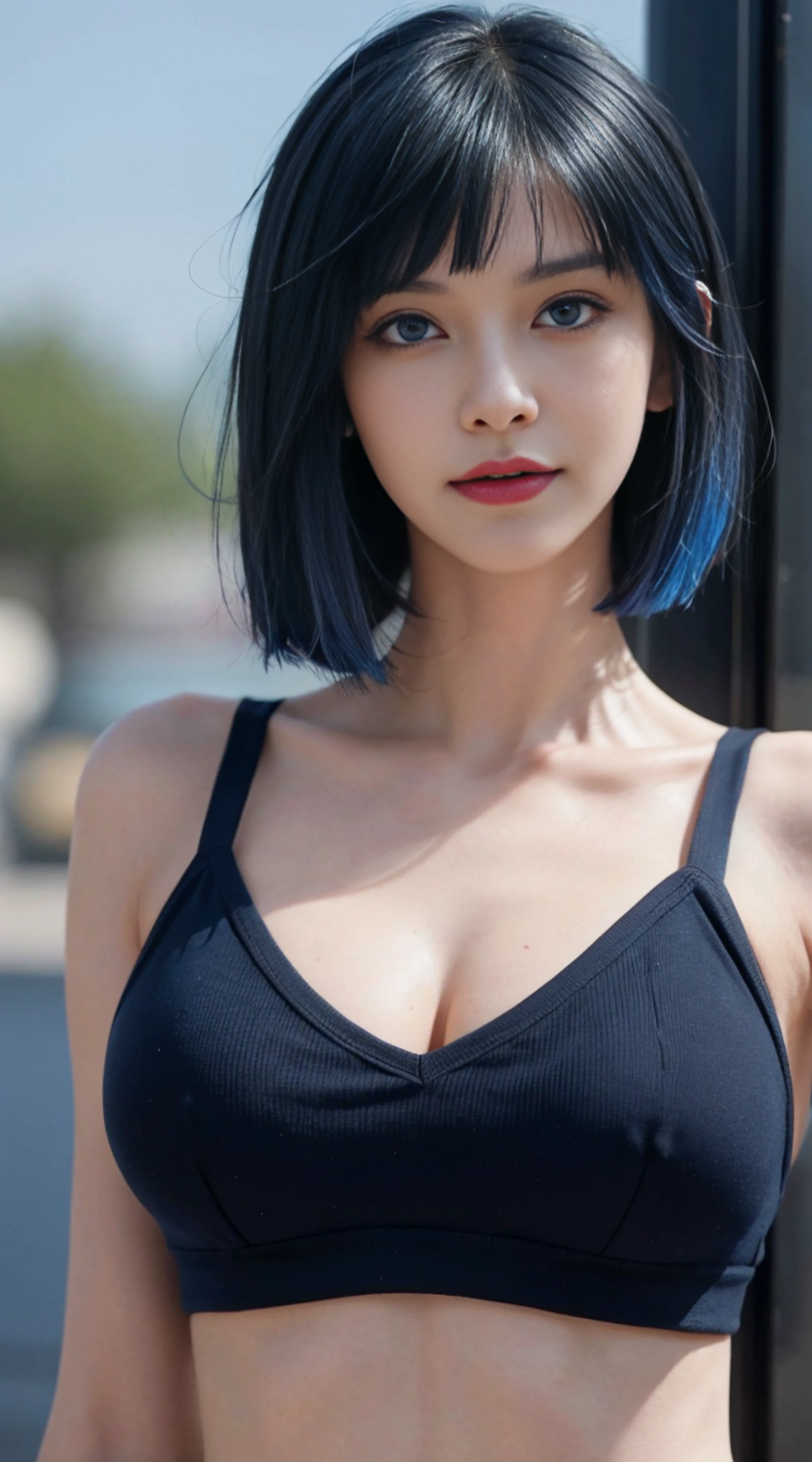 8K, Top Quality, Intricate Details, Ultra Detail, Ultra High Resolution, Masterpiece, random angle, Slender, Smile, (Makeup: 0.4), (Fluffy Blue Eyes: 1.21), blue Eyes, looking at viewer, ((full body)), 1girl, solo, 1 girl, (( full body)), close up shot, , ((tall)), (((fit body))), (((slim face))), sharp face, sharp eyes, ((( blue hair, short hair, bangs )) , (detailed face), sharp face, small lips,
(( )), ((crop top)), detailed face, detailed breast, , large breast, detail ass, , Beautiful girl with accentuated slender abs: 1.4, Six Pack Abs: 1.4, Bust Botox, Big, Perfect Body, detail leg, (( moonlight)), hot spring