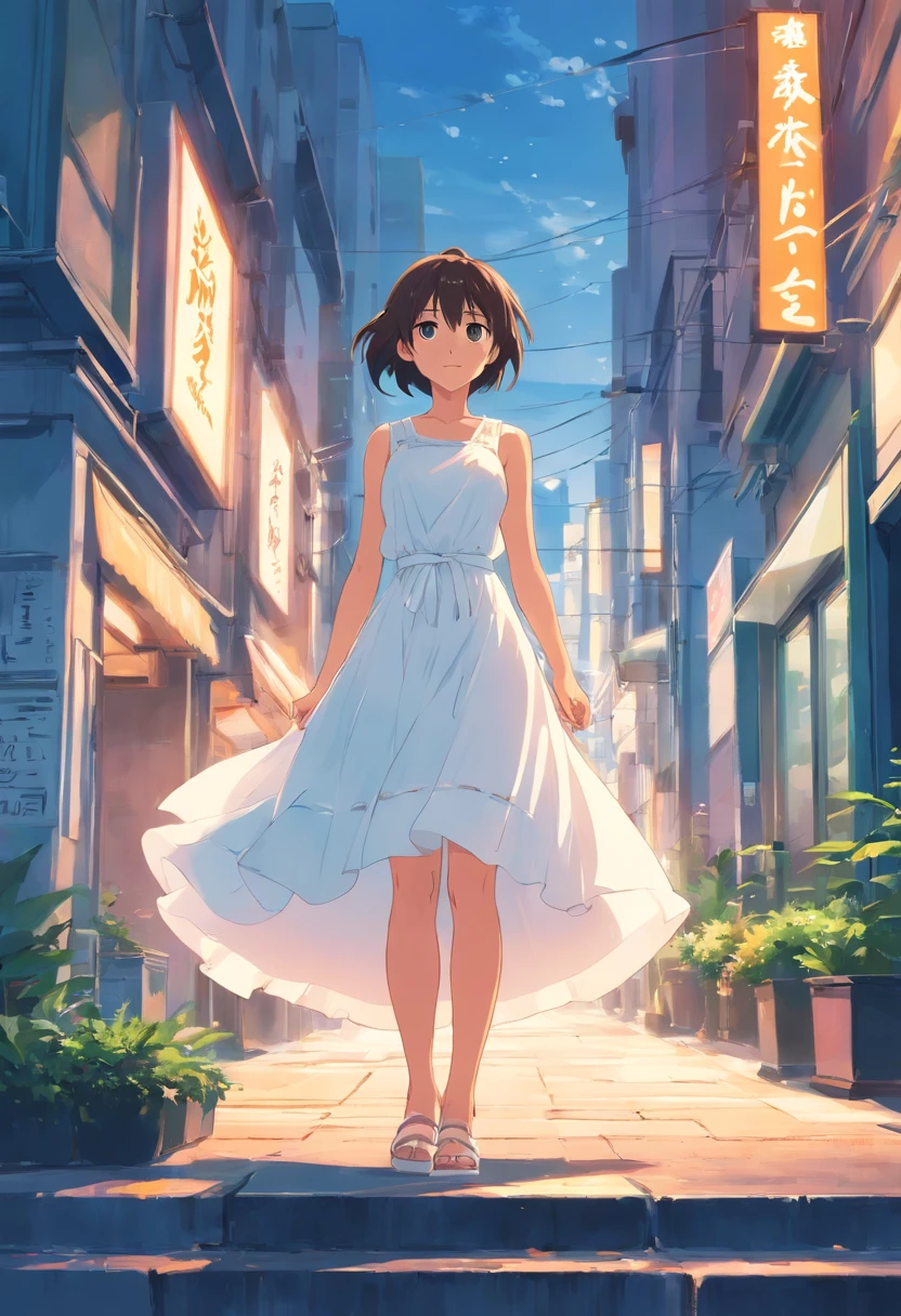 A woman in a dress leads a completely naked of by the hand. The girl is thin , naked, flat chest, in sneakers. They are walking down the street. front view.