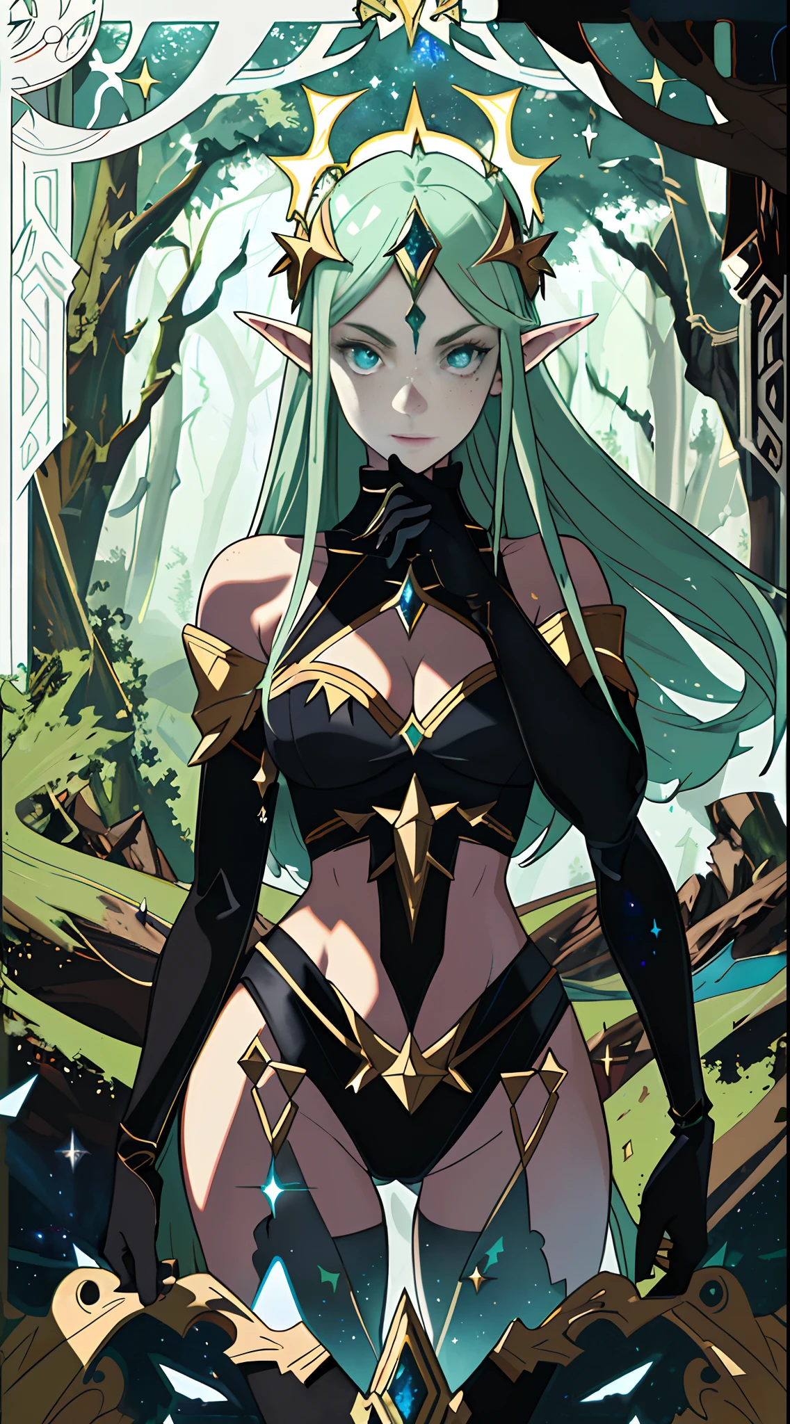 Portrait of (woman) as elf girl with freckles and bright striking blue eyes posing for a photo,full body, bare shoulders, muscular, fit, defined abs, thongs, (cameltoe) white freckles, long flowing green hair flying, glowing radiance, beautiful pale makeup, color portrait, stunning portrait, elegant freckles, wearing black thongs, black gloves, starshine, gold dust spread across her skin and her face, (dark, hyper-realistic photos (((portrait))) refraction ,Dark background of magical night forest, deep woods, towering ruins, starlight skies, A mystical and epic landscape, featuring a fantastical and surreal world of floating islands, giant trees, and mythical creatures, that transport the viewer to a world of imagination and wonder, artstation, digital art, as tarot card