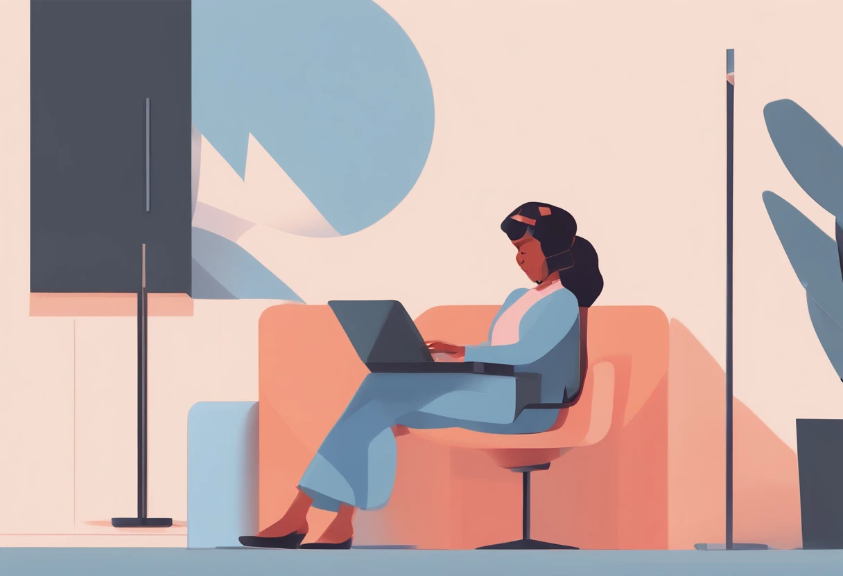 illustration of a woman working on a computer through a room with various objects, editorial illustration pastelcolor, in style of james gilleard, illustration style, james gilleard artwork, flat illustration, in style of digital illustration, magazine illustrations, editorial illustration, digital illustration -, #illustration, magazine illustration, inspired by James Gilleard, modern illustration, illustration | rutkowski, stylized digital illustration