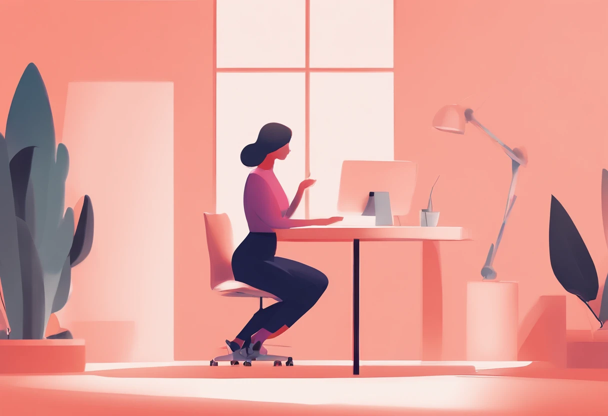 illustration of a woman working on a computer through a room with various objects, editorial illustration pastelcolor, in style of james gilleard, illustration style, james gilleard artwork, flat illustration, in style of digital illustration, magazine illustrations, editorial illustration, digital illustration -, #illustration, magazine illustration, inspired by James Gilleard, modern illustration, illustration | rutkowski, stylized digital illustration