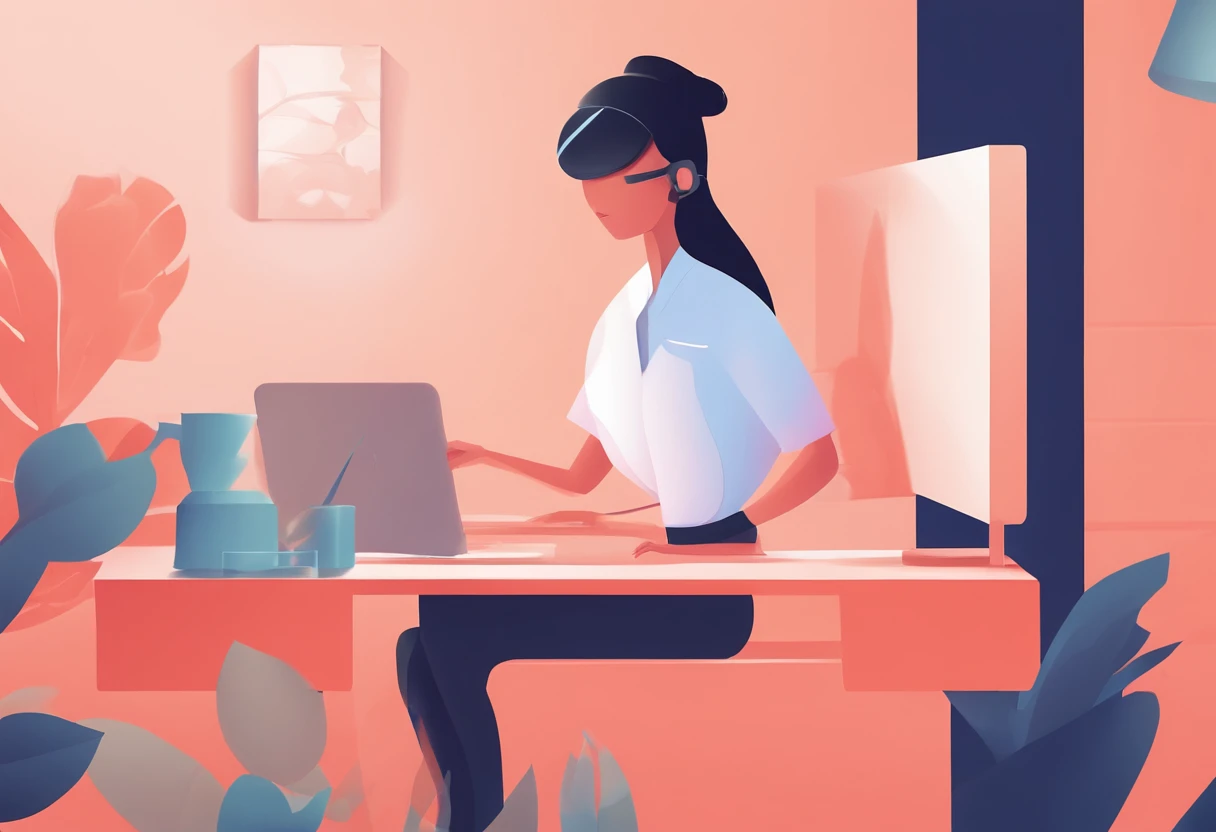 illustration of a woman working on a computer through a room with various objects, editorial illustration pastelcolor, in style of james gilleard, illustration style, james gilleard artwork, flat illustration, in style of digital illustration, magazine illustrations, editorial illustration, digital illustration -, #illustration, magazine illustration, inspired by James Gilleard, modern illustration, illustration | rutkowski, stylized digital illustration