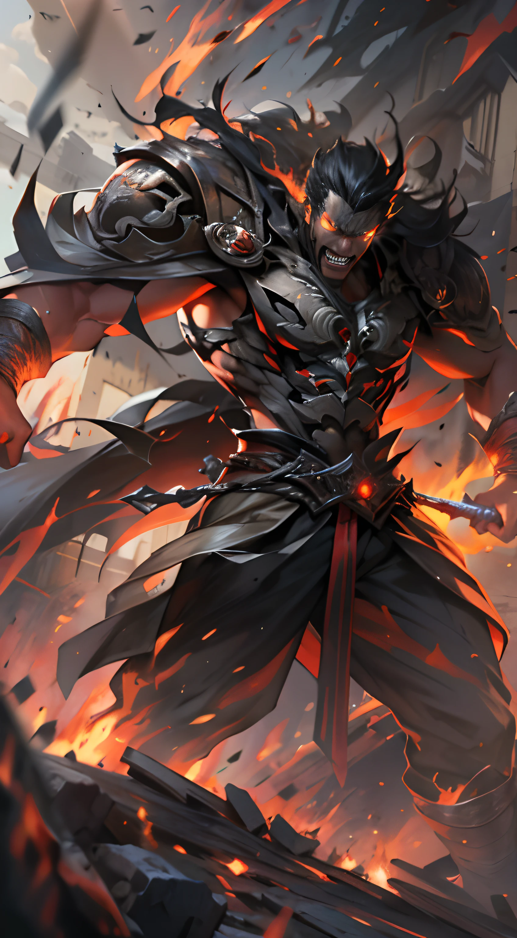 Li Gu bravely faces the self-destruct challenge of the giant evil spirit, his body severely scorched, but he is still alive. There is a look of determination and pain on his face, surrounded by a heroic aura, , 32k, best quality, masterpiece, super detail, high details,