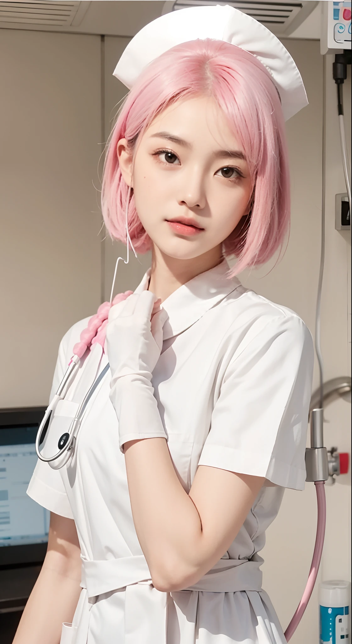 Real life adaption of this character, Asian  beauty face , realistic nurse outfit, realistic shadow, realistic light, realism, hyper realistic, realistic background,(photorealistic:1.2)