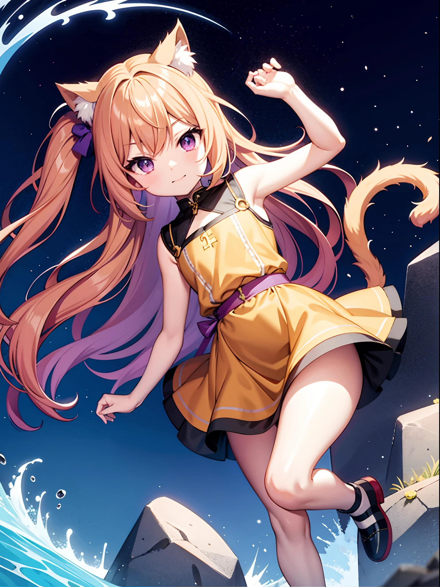 tmasterpiece,best qualtiy,A high resolution,The is very detailed,detailedbackground,电影灯光,Anime girl in orange dress,cat ears and cat tail,Water Splashing Art Anime Loli, loli in dress, Marin Kitagawa fanart, small curvaceous loli,Short stature,no boobs, Detailed key anime art, anime visual of a cute girl, Anime moe art style, Kushatt Krenz Key Art Women,Purple eye,The proportion of characters is large,Medieval stone streets