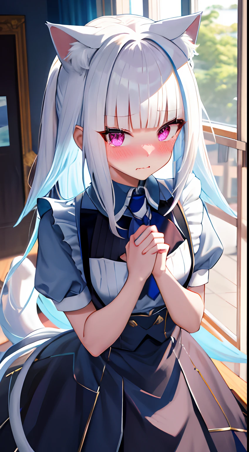 One girl with long hair, white hair, looking at viewer, embarrassed, blushing, mouth small open, indoor, black maid, cat ear, cat tail, maid costume, thigh, necktie, ear blush, mature female, close up, hands in waist